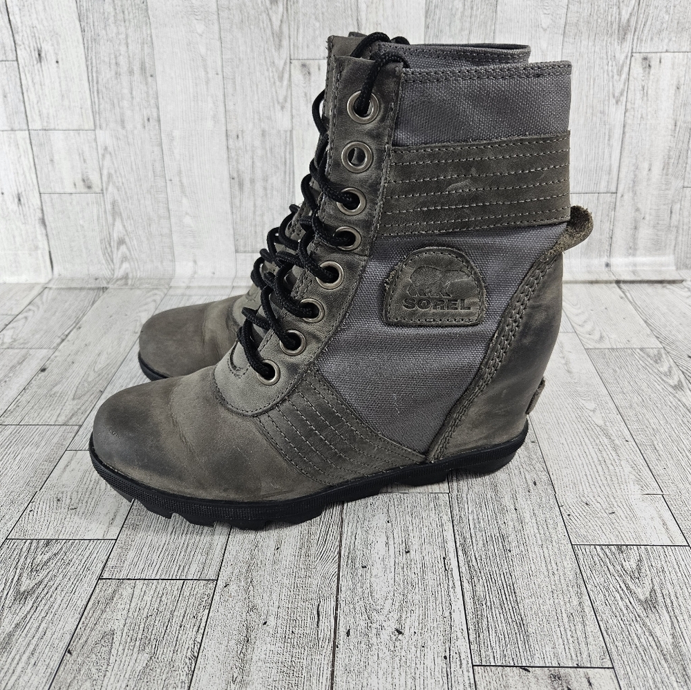 Sorel Lexie Wedge Women Waterproof Gray Leather Ankle Boots NL3046 - Size 7